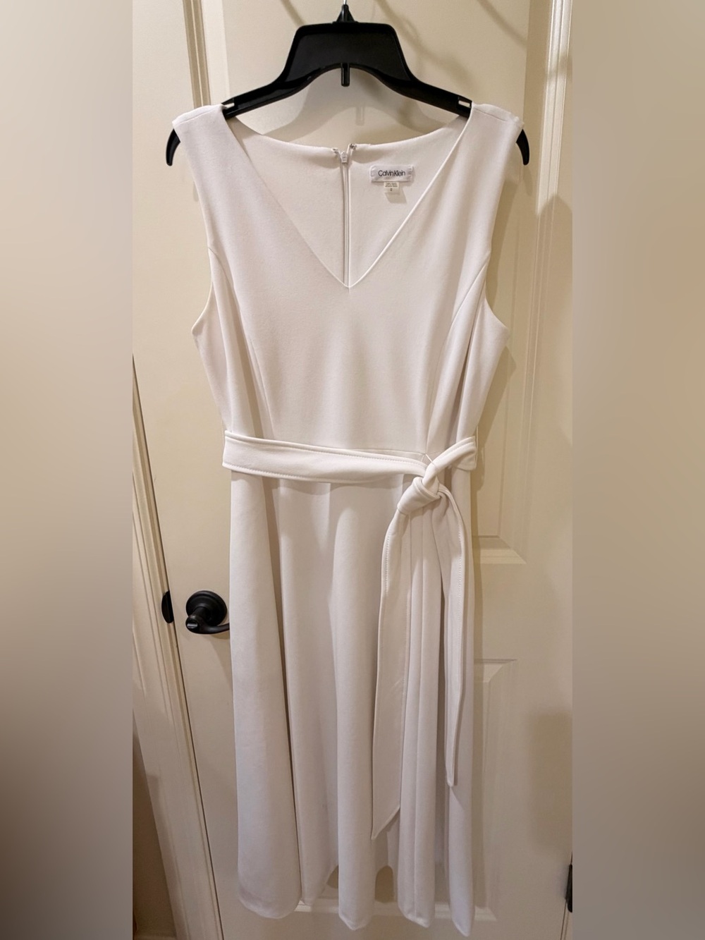 Calvin Klein Ivory Sleeveless V-Neck Tie Waist Midi Dress